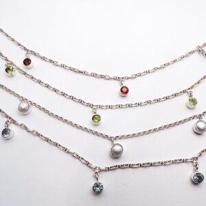 925 Sterling Silver  Dangling Round Genuine Gemstone Ankle Bracelet 10 inches L